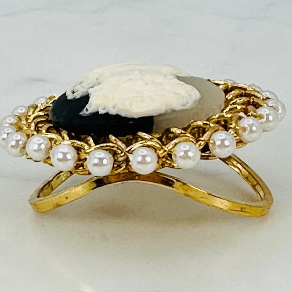 Vintage Faux Cameo Scarf Ring Slide Faux Pearl Romantic Victorian Bridgerton Big